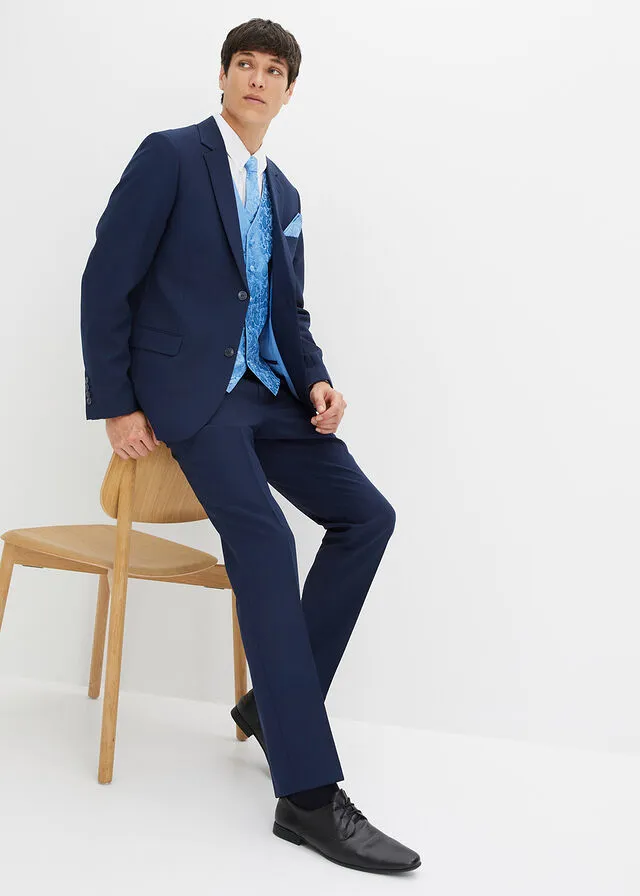 Traje (5 piezas): americana, pantalón, chaleco, corbata, pañuelo azul marino + azul pálido